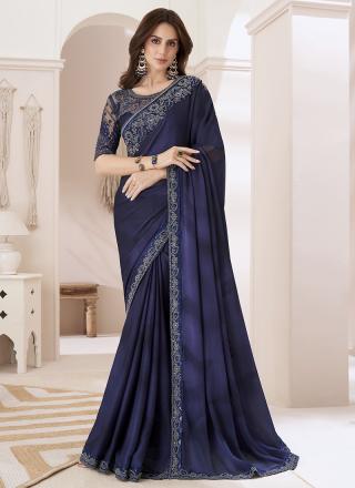 Blue Chiffon Party Wear Saree with Embroidery Work