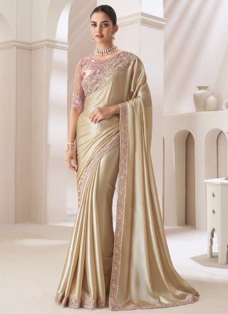 Golden Chiffon Party Wear Saree with Embroidery Work