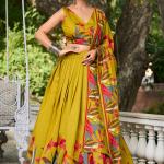 Mustard Polyester Viscose Chanderi Festival Wear Printed Lehenga Choli