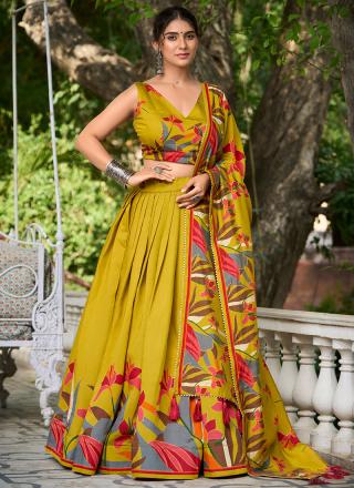 Mustard Polyester Viscose Chanderi Festival Wear Printed Lehenga Choli