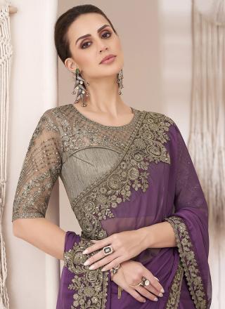 Purple Chiffon Party Wear Saree with Embroidery Work