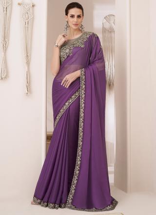 Purple Chiffon Party Wear Saree with Embroidery Work