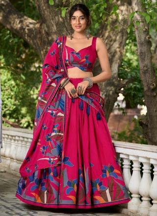 Rani Pink Polyester Viscose Chanderi Festival Wear Printed Lehenga Choli