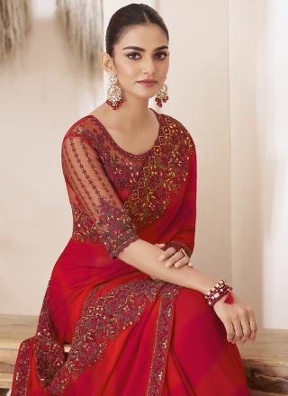 Red Chiffon Party Wear Saree with Embroidery Work