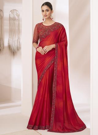 Red Chiffon Party Wear Saree with Embroidery Work