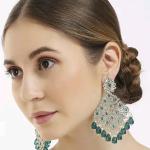 Catchy Off-White and Sea Green Alloy Silver Rhodium Polish Earrings for Ceremonial Occasions