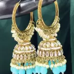 Distinctive Gold Rhodium Polish Firozi and Off-White Alloy Earrings for Festivals