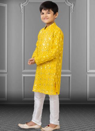 Yellow Georgette Embroidered Kurta Pajama for Festival Wear (Kids)