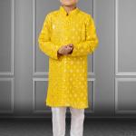 Yellow Georgette Embroidered Kurta Pajama for Festival Wear (Kids)