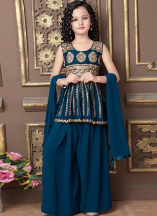 Teal Faux Georgette Readymade Kids Sharara Suit