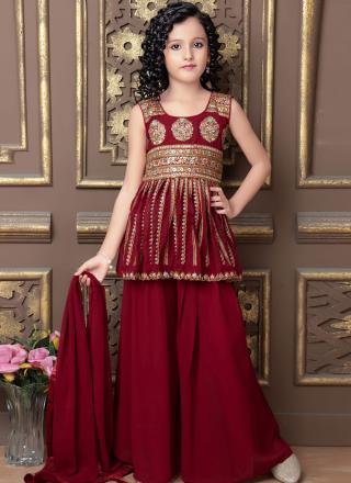 Maroon Faux Georgette Readymade Kids Sharara Suit