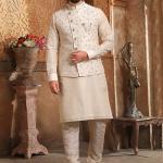 Beige Banarasi Silk Kurta Pajama with Jacket