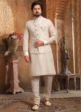 Beige Banarasi Silk Kurta Pajama with Jacket