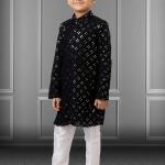 Black Georgette Embroidered Kurta Pajama for Traditional Wear (Kids)