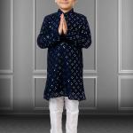 Navy Blue Georgette Embroidered Kurta Pajama for Traditional Wear (Kids)