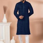 Navy Blue Viscose Readymade Kurta Pajama with Sequins Work for Festival Wear