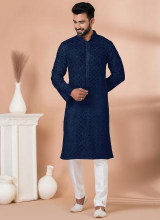 Navy Blue Viscose Readymade Kurta Pajama with Sequins Work for Festival Wear