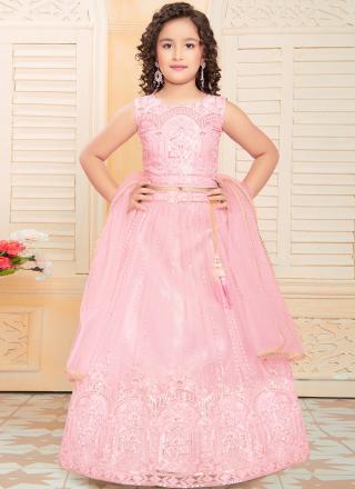 Net Pink Party Wear Embroidery Work Kids Lehenga Choli