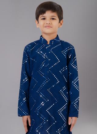 Royal Blue Georgette Embroidered Kurta Pajama for Festival Wear (Kids)