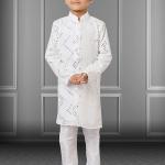 White Georgette Embroidered Kurta Pajama for Traditional Wear (Kids)