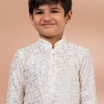 White Viscose Digital Printed Kurta Pajama for Traditional Wear (Kids)