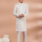 White Viscose Digital Printed Kurta Pajama for Traditional Wear (Kids)