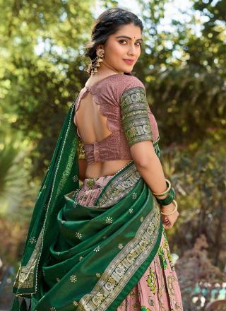 Tussar Silk Green and Salmon Designer Lehenga Choli