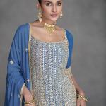 Aqua Blue Real Georgette Wedding Wear Embroidery Work Readymade Palazzo Suit