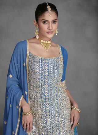 Aqua Blue Real Georgette Wedding Wear Embroidery Work Readymade Palazzo Suit