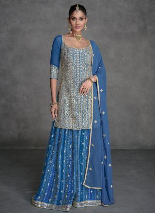 Aqua Blue Real Georgette Wedding Wear Embroidery Work Readymade Palazzo Suit