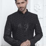 Black Art Silk Readymade Sherwani with Embroidery Work for Wedding Wear