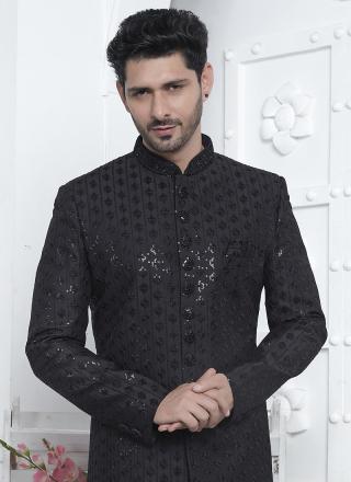 Black Art Silk Readymade Sherwani with Embroidery Work for Wedding Wear