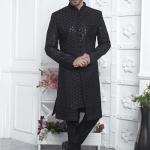 Black Art Silk Readymade Sherwani with Embroidery Work for Wedding Wear