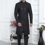 Black Art Silk Readymade Sherwani with Embroidery Work for Wedding Wear