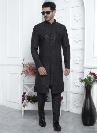 Black Art Silk Readymade Sherwani with Embroidery Work for Wedding Wear