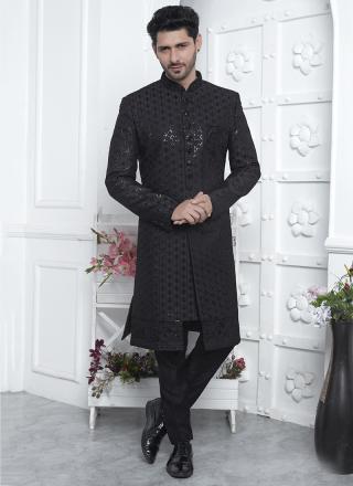 Black Art Silk Readymade Sherwani with Embroidery Work for Wedding Wear