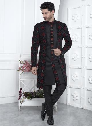 Black Art Silk Readymade Sherwani with Pattern Design for Wedding Wear