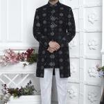 Black Art Silk Readymade Sherwani with Pattern Design for Wedding Wear