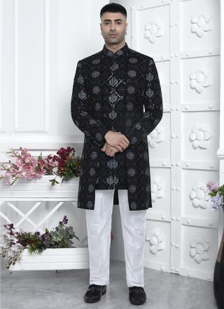 Black Art Silk Readymade Sherwani with Pattern Design for Wedding Wear