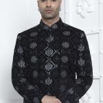 Black Art Silk Readymade Sherwani with Pattern Design for Wedding Wear