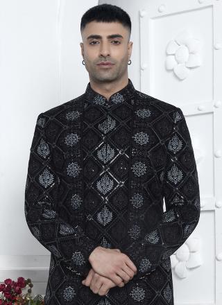 Black Art Silk Readymade Sherwani with Pattern Design for Wedding Wear