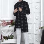 Black Art Silk Readymade Sherwani with Pattern Design for Wedding Wear