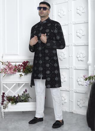 Black Art Silk Readymade Sherwani with Pattern Design for Wedding Wear