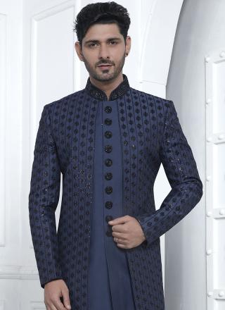 Blue Art Silk Readymade Sherwani with Embroidery Work for Wedding Wear