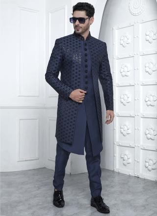 Blue Art Silk Readymade Sherwani with Embroidery Work for Wedding Wear