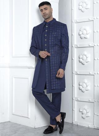 Blue Art Silk Readymade Sherwani with Pattern Design for Wedding Wear