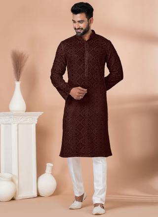 Coffee Viscose Readymade Kurta Pajama with Sequins Work for Festival Wear