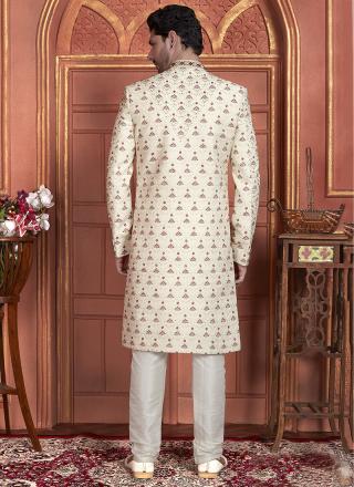 Cream Art Silk Readymade Sherwani with Embroidery Work for Wedding Wear