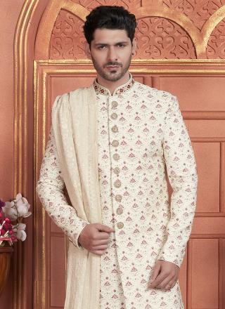 Cream Art Silk Readymade Sherwani with Embroidery Work for Wedding Wear