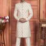 Cream Art Silk Readymade Sherwani with Embroidery Work for Wedding Wear